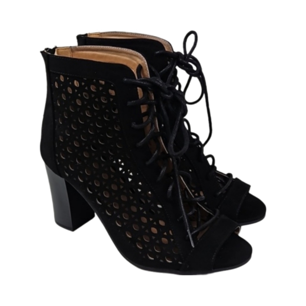 Open-Toe High Heel Lace Up Perforated Detail Booties Boots Shoes, Black, Size 8
